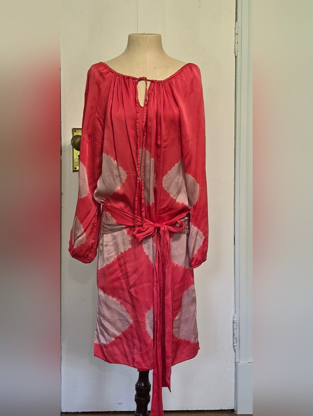 Letarte 100% Silk Hand Made Hot Pink And Silver Tie-Dye Long Sleeve Tunic Dress